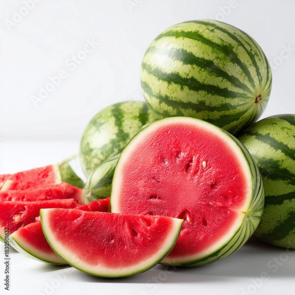Obraz AI-generated image - Fresh, ripe watermelons whole and sliced on a white background, highlighting the vibrant red flesh and green striped rind. 