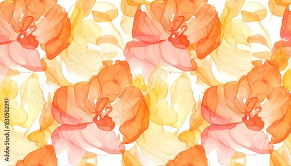 Fototapeta Seamless Watercolor Floral Pattern with Abstract Orange and Yellow Flowers and Alcohol Ink Effect