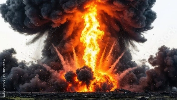 Obraz Intense fiery explosion erupts with dramatic smoke and light, showcasing raw power and destruction.
