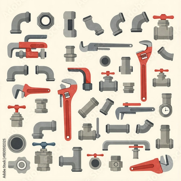 Fototapeta Flat Design Plumbing Icon Set with Water Pipes, Connectors, Valves, and Adjustable Wrenches