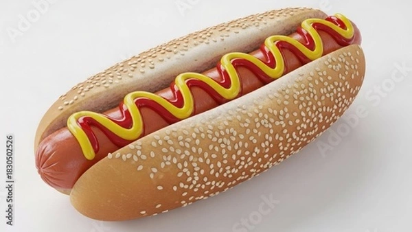 Obraz Delicious hot dog with ketchup and mustard on a sesame seed bun, a classic American comfort food.