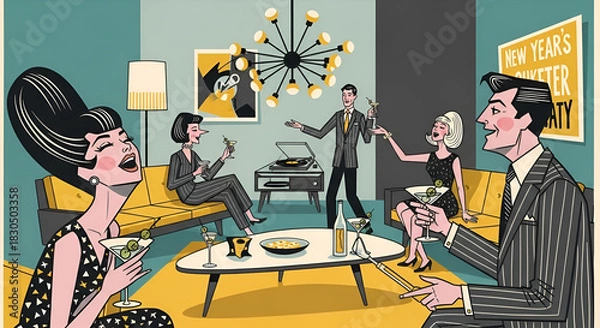 Fototapeta Groovy New Year's Eve party illustration with stylish retro guests in vintage attire enjoying cocktails and music in a hip mid century modern home