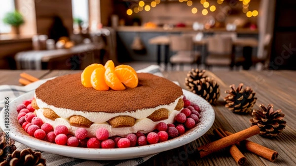 Obraz Fragrant tiramisu with cocoa, mandarin slices, and cranberries on a wooden kitchen table among pine cones and cinnamon sticks. A cozy, festive atmosphere with a delicious dessert.