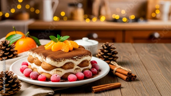 Obraz Fragrant tiramisu with cocoa, mandarin slices, and cranberries on a wooden kitchen table among pine cones and cinnamon sticks. A cozy, festive atmosphere with a delicious dessert.