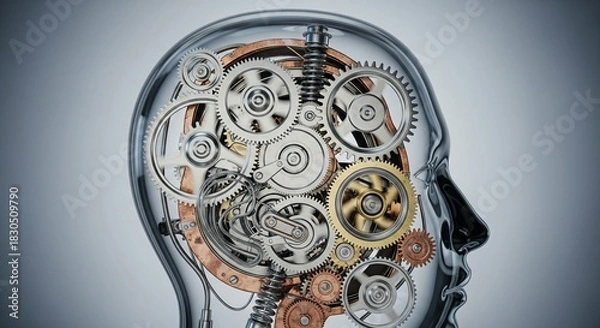 Fototapeta Artificial Intelligence: Side Profile of Gears in Human Brain Concept