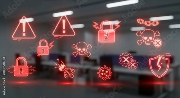 Obraz Cyber alert visualization with red flashing icons and blurred office background