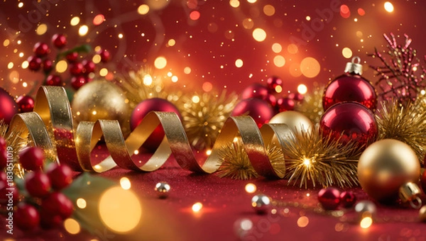 Fototapeta Christmas festive background with red and gold ornaments, glitter ribbon, berries, lights, and sparkling bokeh. Bright holiday decoration scene.
