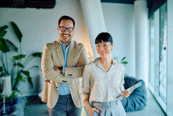 Obraz Two smiling diverse business people, a man and a woman, standing together in a bright, contemporary office, representing teamwork and success