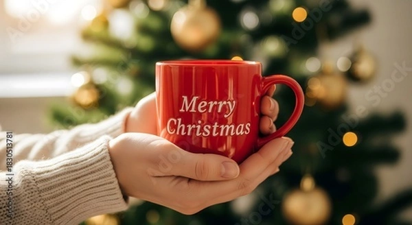Fototapeta Cozy Christmas vibes with a festive red mug and twinkling tree lights, perfect for holiday cheer and warm wishes this season, creating magical moments