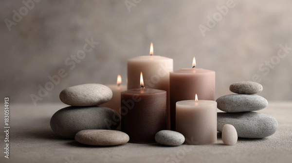 Fototapeta Calmness and balance with stones and candles setup. Stones are stacked with lit candles placed around them creating a tranquil atmosphere and promoting relaxation. Generative AI image