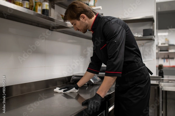 Obraz Chef cleaning kitchen counter after cooking in restaurant
