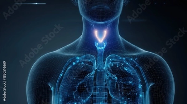 Obraz Scientific infographic showing human endocrine system with focus on thyroid gland, glowing highlight around thyroid, anatomical accuracy, clean medical layout