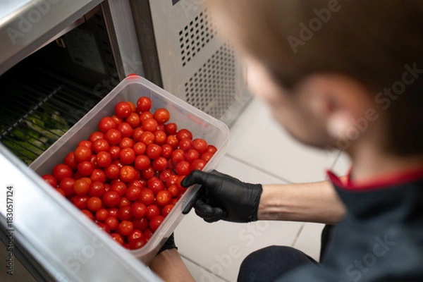 Obraz Chef arranging tomatoes in plastic container for cold storage