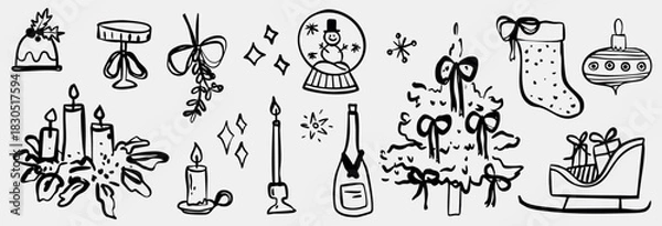 Obraz Winter vintage whimsical christmas tree doodle sketch vector illustration. Holiday line art simple party decoration for new year. Minimalist snowflake outline set