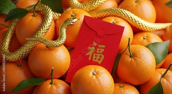 Fototapeta Celebrate Chinese New Year with vibrant oranges, a golden snake, and lucky red envelopes bringing joy and prosperity for an auspicious year