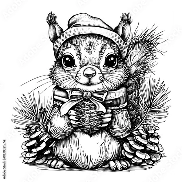 Fototapeta Festive Squirrel Holding Pinecone – Winter Coloring Page Art