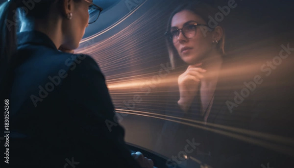 Fototapeta A professional woman in glasses looking at her reflection with dynamic light streaks.