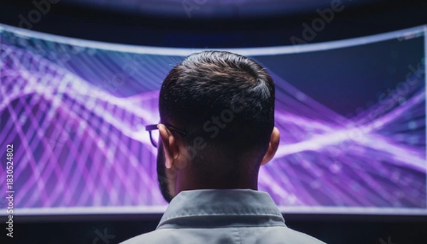 Fototapeta A person from behind wearing glasses looking at a large curved screen with abstract purple light patterns.