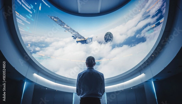 Fototapeta A person stands in a futuristic control room, looking at a large curved screen displaying a spacecraft above clouds in a blue sky.