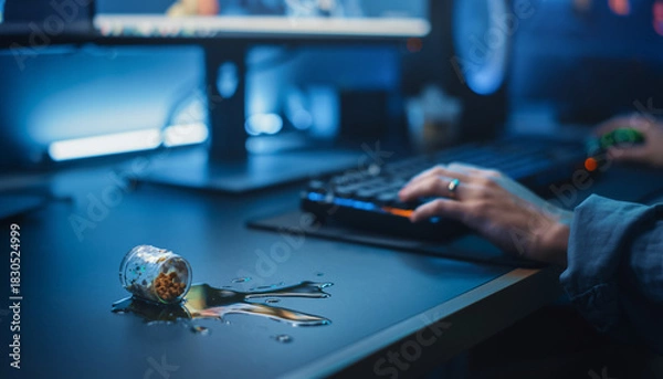 Fototapeta Close-up of a spilled soda can on a dark desk next to a person's hand using a computer mouse and keyboard in a dimly lit room, suggesting an accident during intense computer work or gaming.