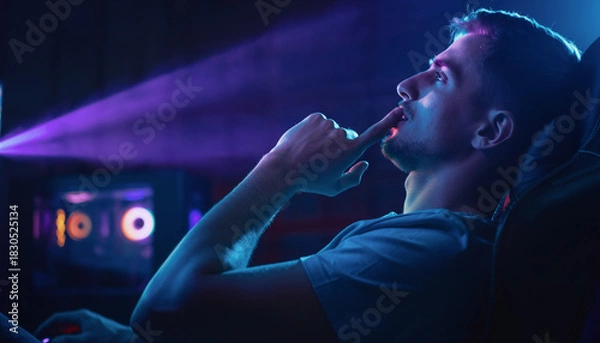 Fototapeta Young man focused and thinking while gaming or working on a computer in a dark room with purple light.