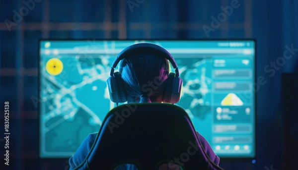 Fototapeta A person wearing headphones intensely focused on a large computer monitor displaying a map-like interface in a dark, neon-lit room.
