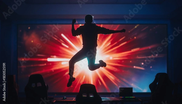 Obraz A person's silhouette jumps in front of a vibrant, explosive screen in a dark gaming room, celebrating a victory or exciting moment.