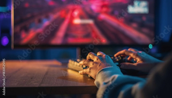 Fototapeta A person's hands are actively playing a video game on a computer keyboard, with a vibrant red and black game displayed on the monitor in a dimly lit room.