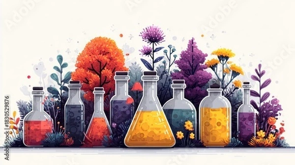 Fototapeta Bottles of colorful liquids and plants in a laboratory setting.