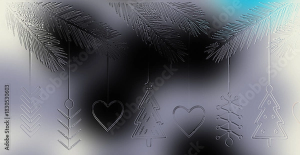 Fototapeta Elegant Gray, Black, and White Blurred Background with Hanging Embossed Geometric Christmas Ornaments and Pine Branches, Minimalist Winter Template for Corporate Greetings and Icy Themes