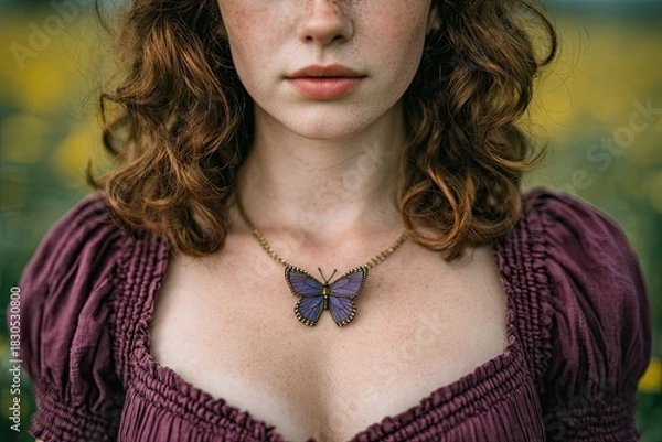 Fototapeta A woman wearing a purple dress with a butterfly necklace