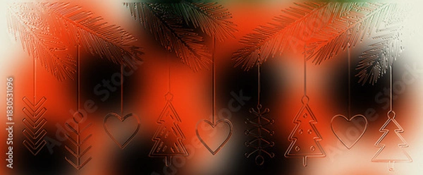 Fototapeta Warm Red, Orange, and Black Abstract Blurred Background with Hanging Embossed Geometric Christmas Ornaments, High-Energy Template for Festive Sales, Valentine's Day, and Party Invitations