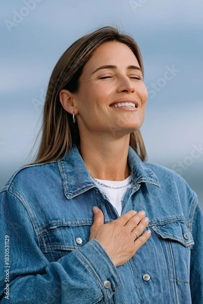 Fototapeta A woman wearing a blue jacket is smiling and hugging her chest