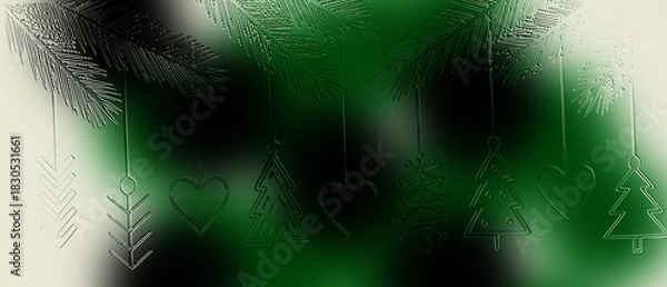 Fototapeta Dark Emerald Green and Black Blurred Background with Hanging Embossed Geometric Christmas Ornaments and Pine Branches, Elegant Holiday Template for Luxury Greetings and Seasonal Promotions