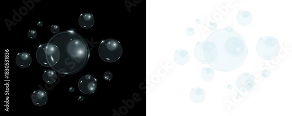 Obraz Glossy transparent soap bubbles cluster with reflections on black background