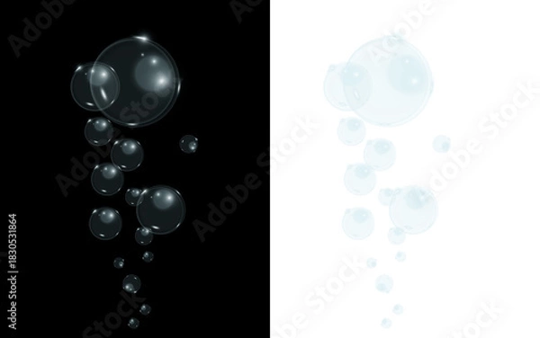 Fototapeta Glossy transparent soap bubbles cluster with reflections on black background
