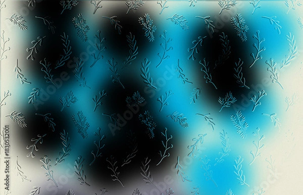 Fototapeta Frosty Cyan and Black Abstract Blurred Background with Seamless Embossed Botanical Sprig Pattern, Modern Winter Nature Template for Greetings, Eco-Design, and Cold Weather Themes