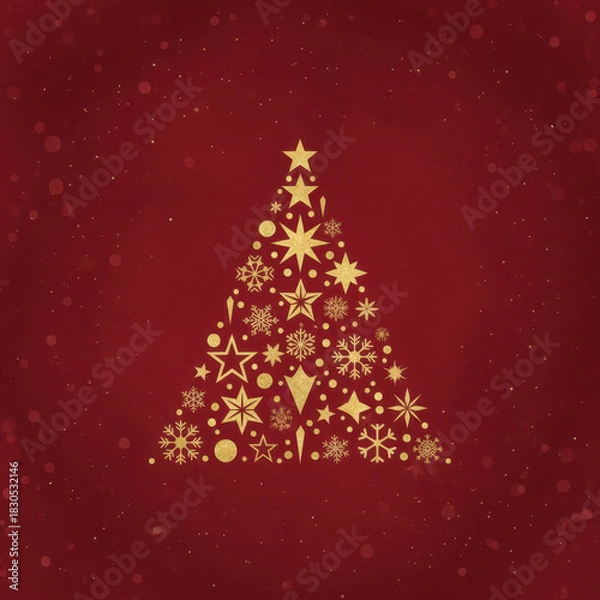 Fototapeta Abstract Christmas tree formed by golden snowflakes and stars on a rich red background with subtle texture. Ideal for elegant holiday designs, invitations, and festive promotions.