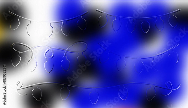 Fototapeta Striking Blue and Black Abstract Blurred Background with Embossed Silver Holiday Light Garlands and Elegant Script Elements, Ideal for Winter, New Year, and Cyber Events