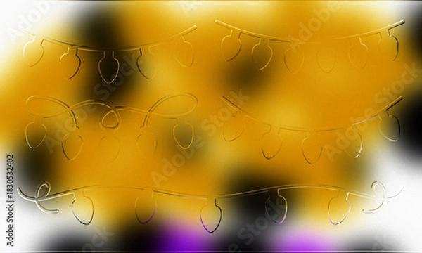 Fototapeta Blurred Gold, Black, and White Festive Background with Embossed Holiday Lights and Elegant Script Overlay, Perfect for Christmas, New Year, and Party Invitations