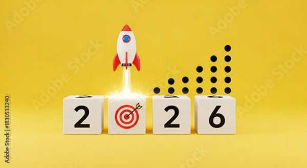 Fototapeta Rocket launching above 2026 cubes with target icon and growth graph on yellow background, symbolizing business startup, creative market, innovation strategy, new year goals, and future success.