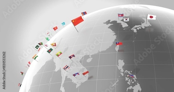 Fototapeta Asia - countries' borders and flags - 3D illustration