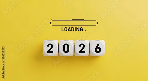 Fototapeta Happy new year 2026 coming soon. Loading progress bar, 2025 changing to to 2026 calendar year numbers on white flipping dice, isolated on yellow background, minimalist trendy style concept banner.