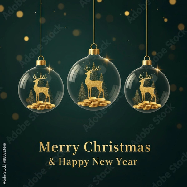Fototapeta Luxury Christmas illustration featuring three transparent baubles with golden deer and snowy pines inside, hanging against a dark green bokeh background. Perfect for premium holiday branding 