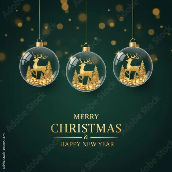 Fototapeta Luxury Christmas illustration featuring three transparent baubles with golden deer and snowy pines inside, hanging against a dark green bokeh background. Perfect for premium holiday branding 