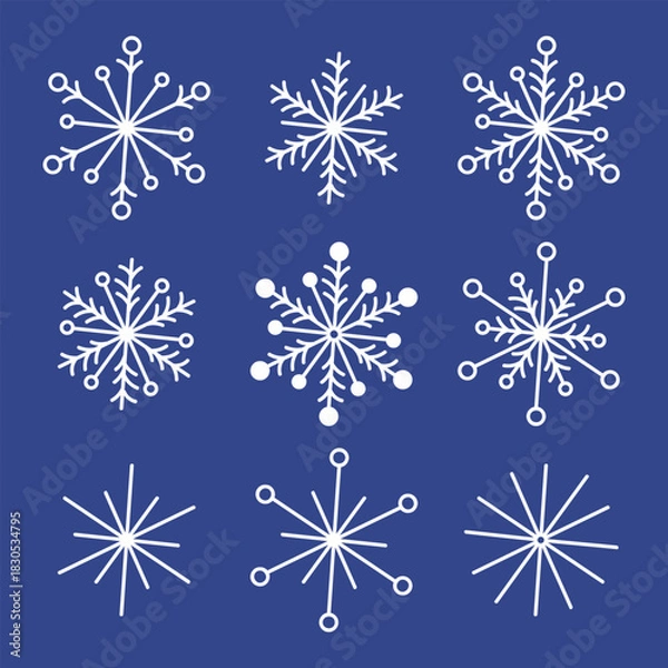 Obraz Set of hand drawn snowflakes. Doodle vector illustration. Isolated on a blue background.