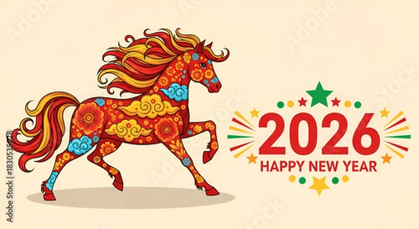 Fototapeta Traditional red horse design for 2026 Happy New Year. Oriental floral ornaments and golden details reflect Chinese culture, symbolizing luck, strength, and good fortune for the coming year 
