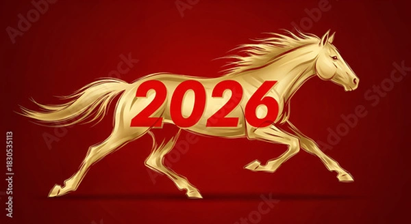 Fototapeta 2026 year of the horse greeting design with golden brush strokes on red background for chinese lunar new year