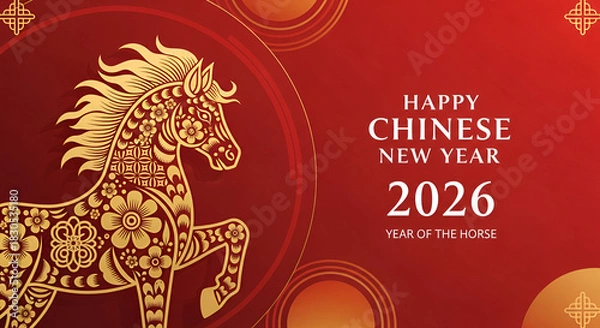 Fototapeta Happy Chinese new year banner with horse on red background. Vector illustration for banner, posters, flyers, greeting cards and invitation.