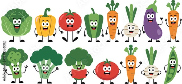 Fototapeta Cute Cartoon Vegetable Character Vector Set Featuring Cabbage, Pepper, Tomato, Carrot, Eggplant, Broccoli, Radish, and Pea Pod with Happy Smiling Faces.